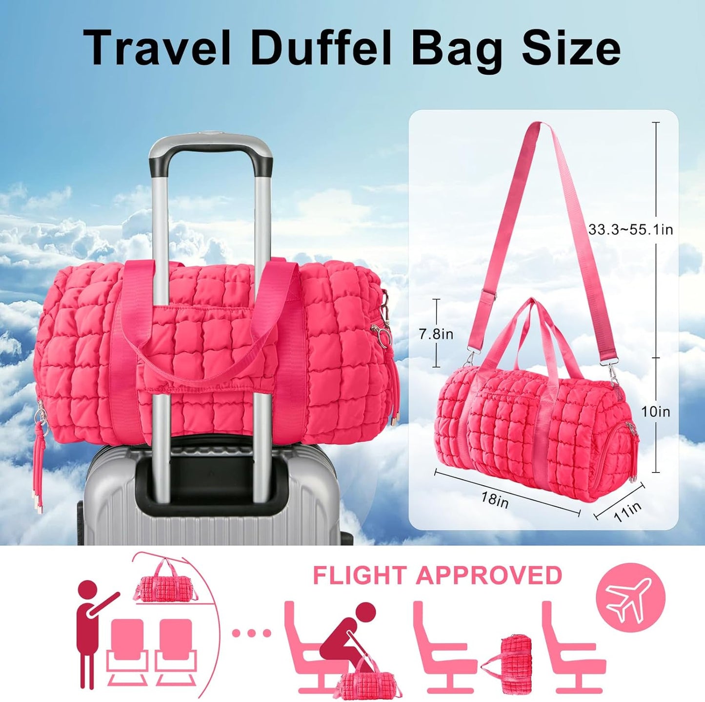 Quilted Travel Duffle Bag Gym Bag for Women,Large Puffer Duffle Weekender Bag with Compartment,Workout Overnight Carry on Organizer Bag Duffle Bag for Airplane Travel(Rosered)