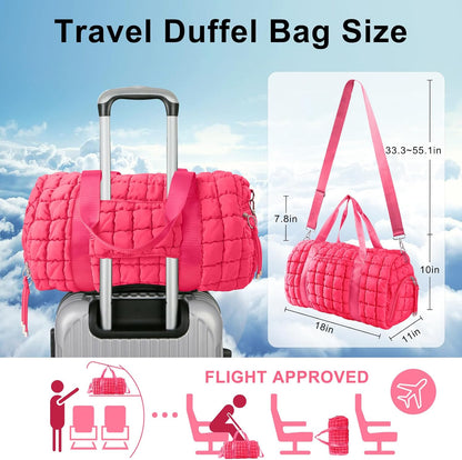 Quilted Travel Duffle Bag Gym Bag for Women,Large Puffer Duffle Weekender Bag with Compartment,Workout Overnight Carry on Organizer Bag Duffle Bag for Airplane Travel(Rosered)