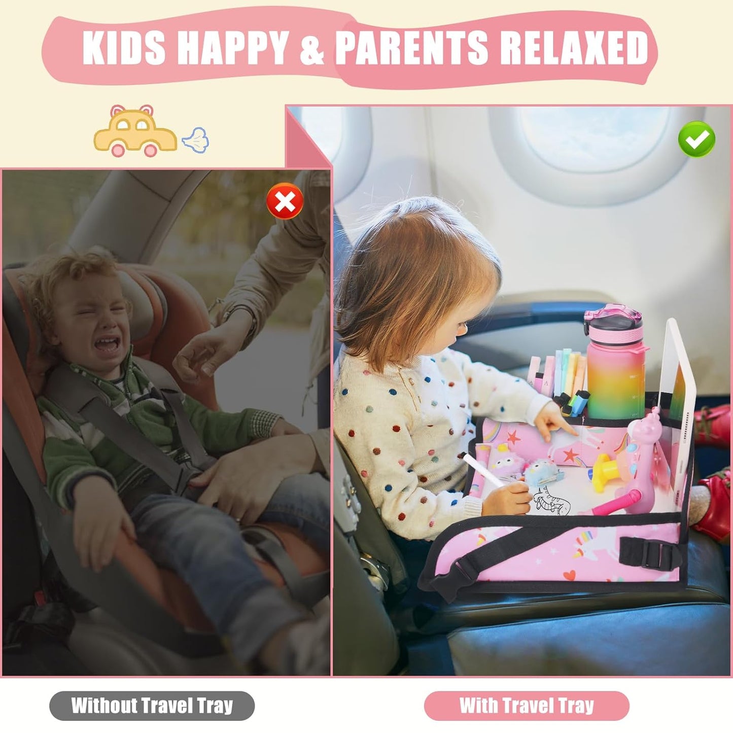 Kids Travel Tray for Car Airplane - Car Seat Tray for Kids Travel, Toddler Carseat Lap Table, Road Trip Essentials, Lap Desk for Kid Roadtrip Activities, Pink Unicorn
