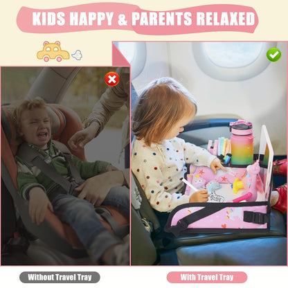 Kids Travel Tray for Car Airplane - Car Seat Tray for Kids Travel, Toddler Carseat Lap Table, Road Trip Essentials, Lap Desk for Kid Roadtrip Activities, Pink Unicorn