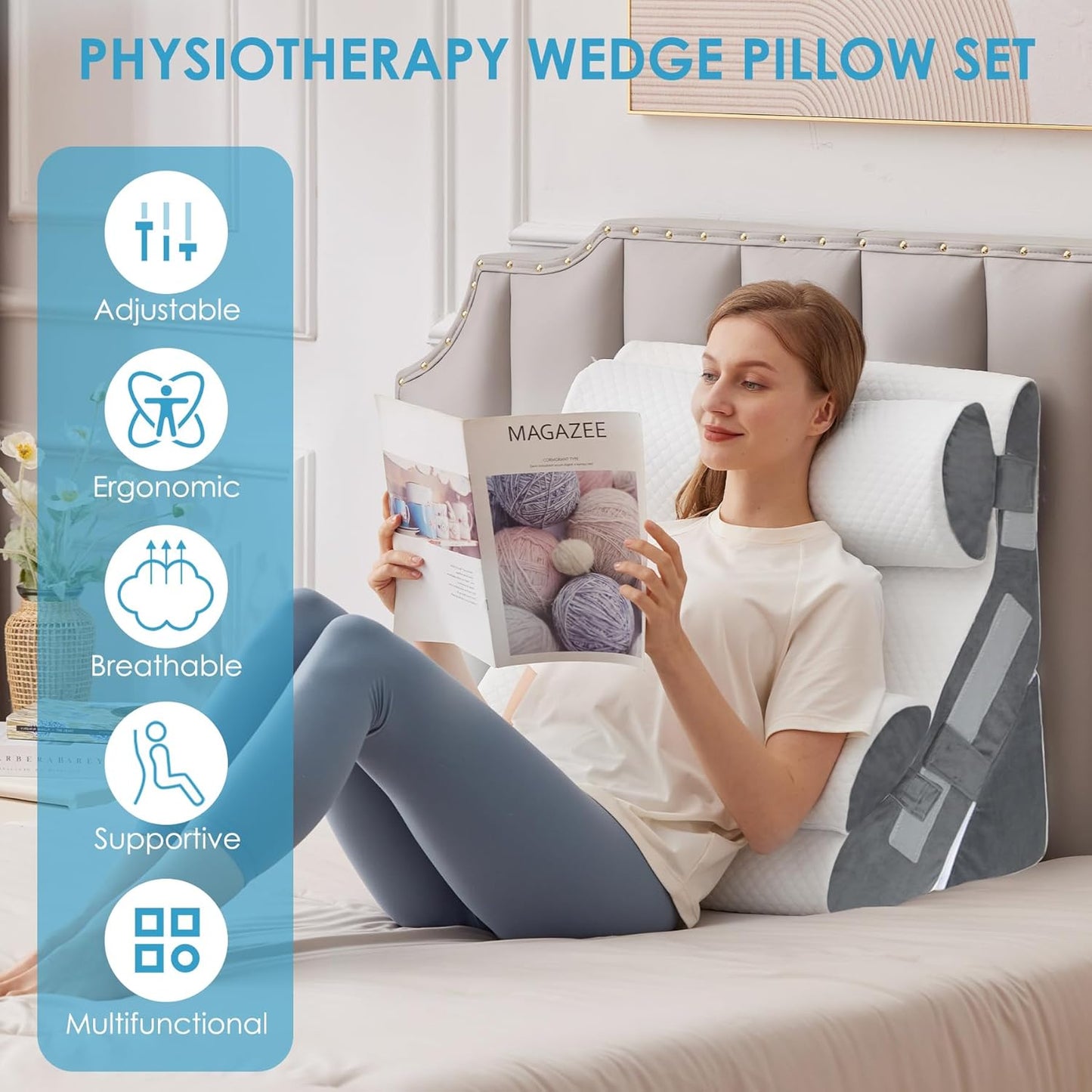 4PCS Bed Wedge Pillow for Headboard, Adjustable Wedge Pillow for Sleep Apnea, 23” Wide Triangle Pillow Wedge Set for After Surgery, Acid Reflux Relief, Snoring, Neck&Back Support, White/Grey