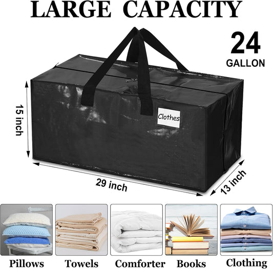 4 Pcs 24 Gallon Large Moving Bags with Zipper and Handles Foldable Storage Duffle Bags Heavy Duty Extra Large Totes for College Dorm Travel Clothes Blankets Bedding Moving (Black)