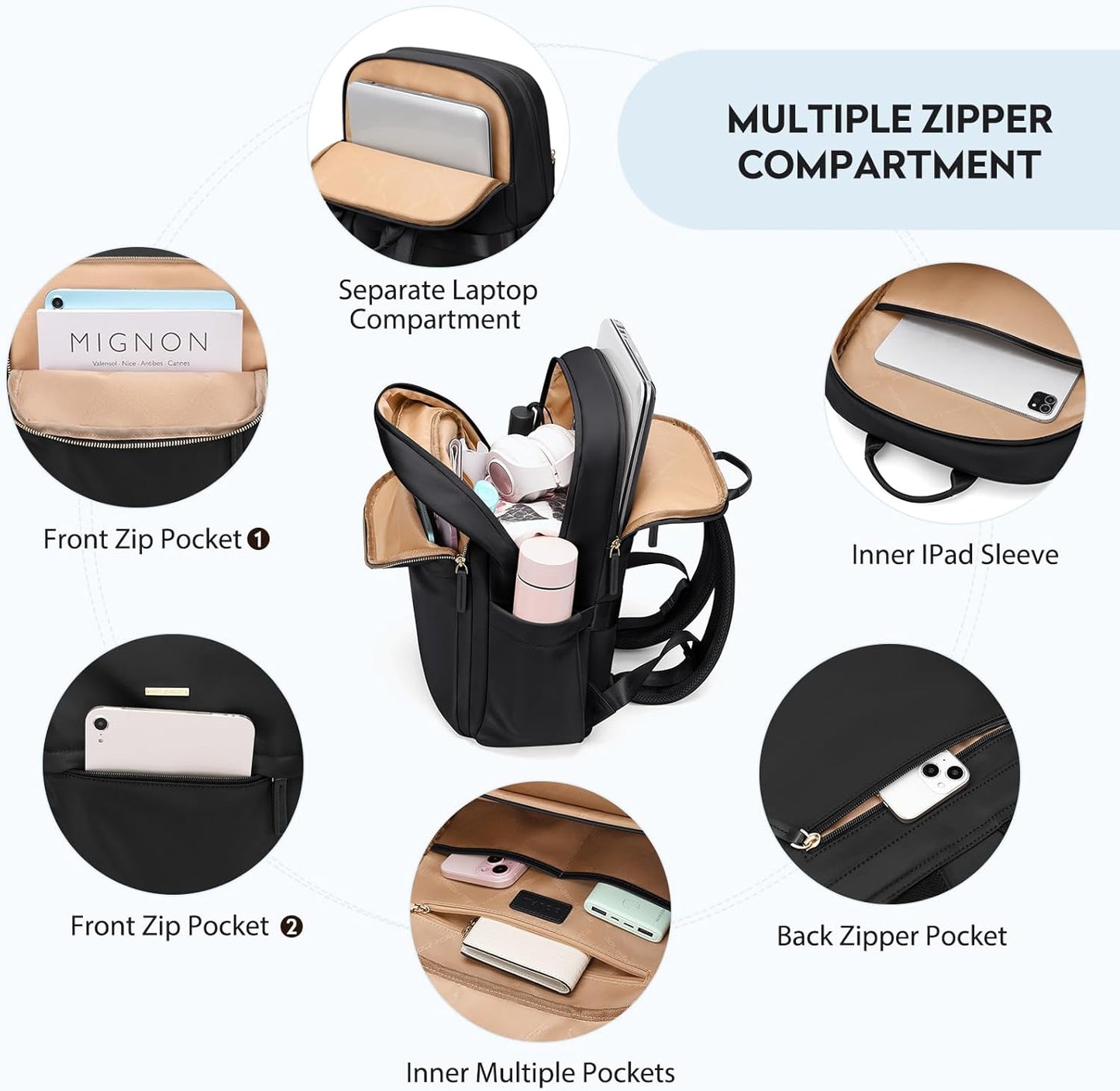 Hiking Travel Backpack for Women Casual Business Weekender Multilayer Laptop Bag,16 Inch,Black