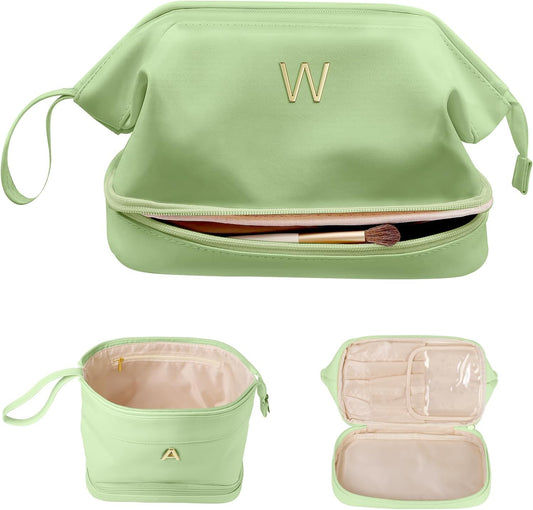 Gifts for Teen Girls 16-18, Initial Large Makeup Bag, Bride To Be Gifts, Double Layer Cosmetic Bag, Waterproof PU Travel Toiletry Bag for Bachelorette Party Women Wedding Bridal, Bride Gifts