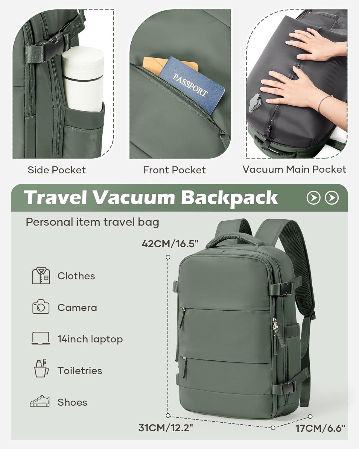 Vacuum Backpack Travel Laptop Backpacks For Women Men Carry On Backpack With Vacuum Compression Bags Seal Packing Personal Item Travel Bag Vacpack Backpacks With Pump Olive Green