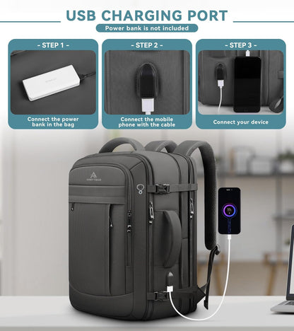 Travel Backpack, 50L Expandable Extra Large Laptop Backpack, Carry On Backpack Water Resistant Business Suitcase Daypack Bag Fits 17 Inch Laptops, Travel Gifts for Men Women, Black