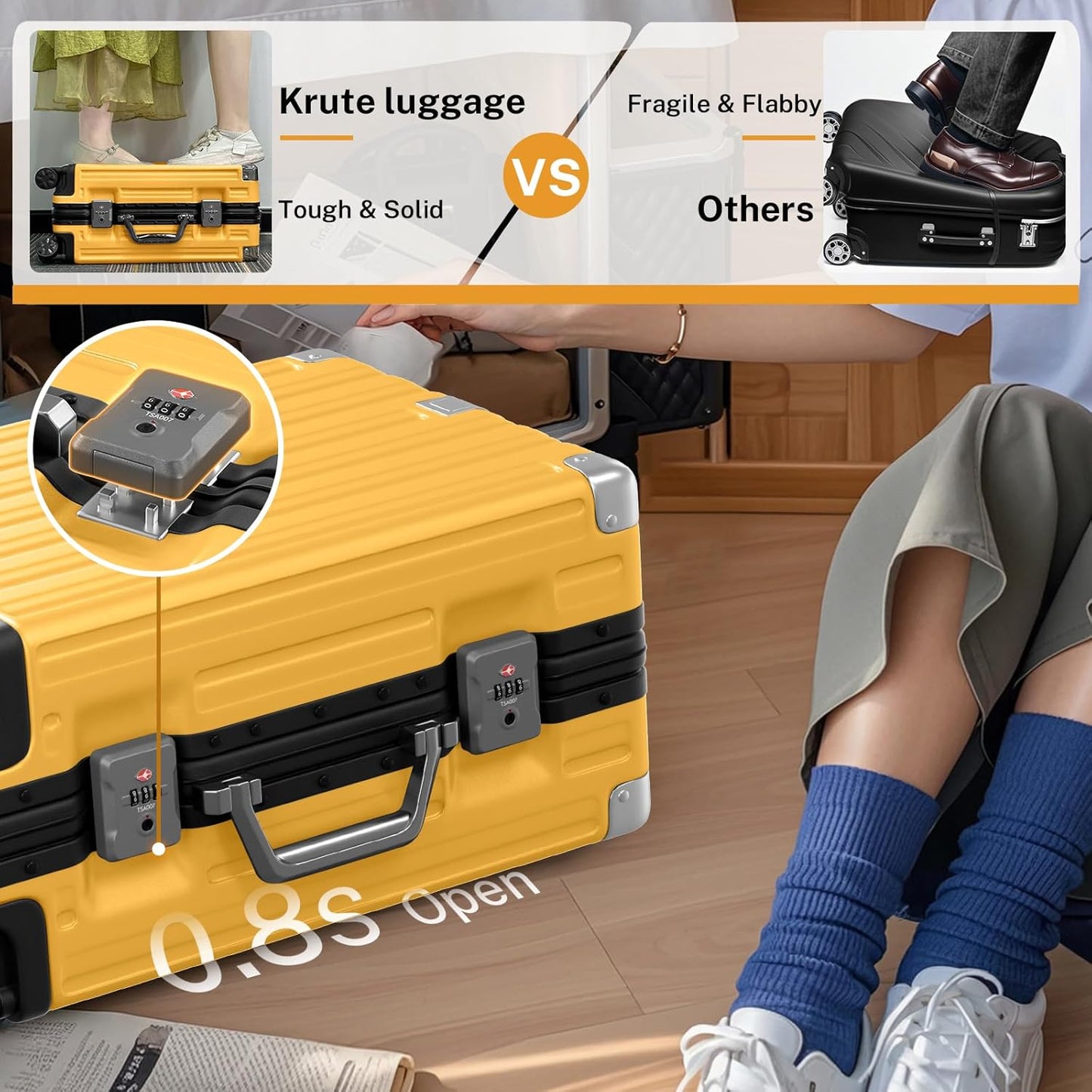 Krute Luggage 24 Inch Aluminum Frame Zipperless Suitcase with Spinner Wheels Checked Luggage PC+ABS Lightweight Hardshell