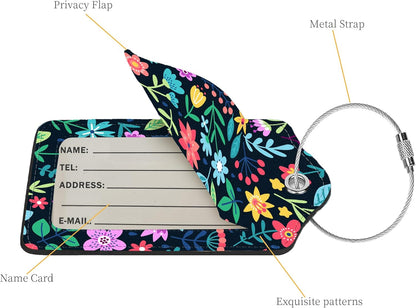 2 Pcs Luggage Tags for Suitcase, Cute Unique PU Leather Travel Bag Tag with Privacy Cover ID Label Address Card and Durable Metal Ring Suitable for Men Women Children Backpack,Crushed Flower