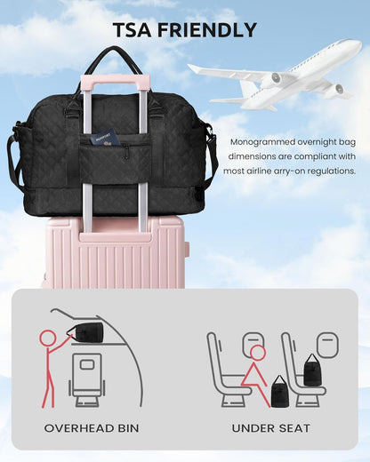 Initial Duffle - Personalized Monogram Travel Bag with Shoulder Strap - Women Overnight Bag with Wet Pocket - Makeup Bag Gift