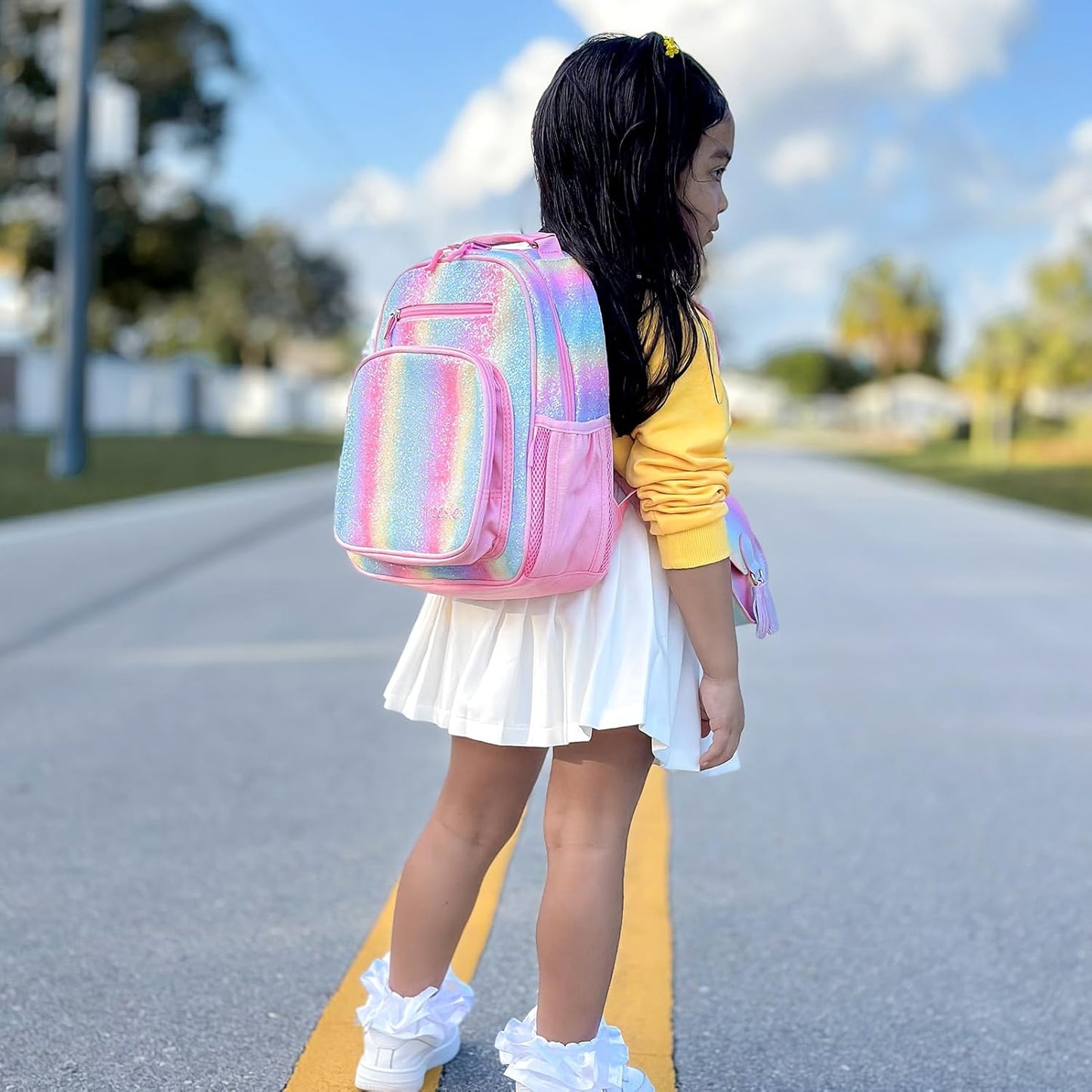 mibasies Toddler Backpack for Girls 2-4: Glitter Kids Backpacks for Girls - Preschool Kindergarten Backpack - Rainbow Pink