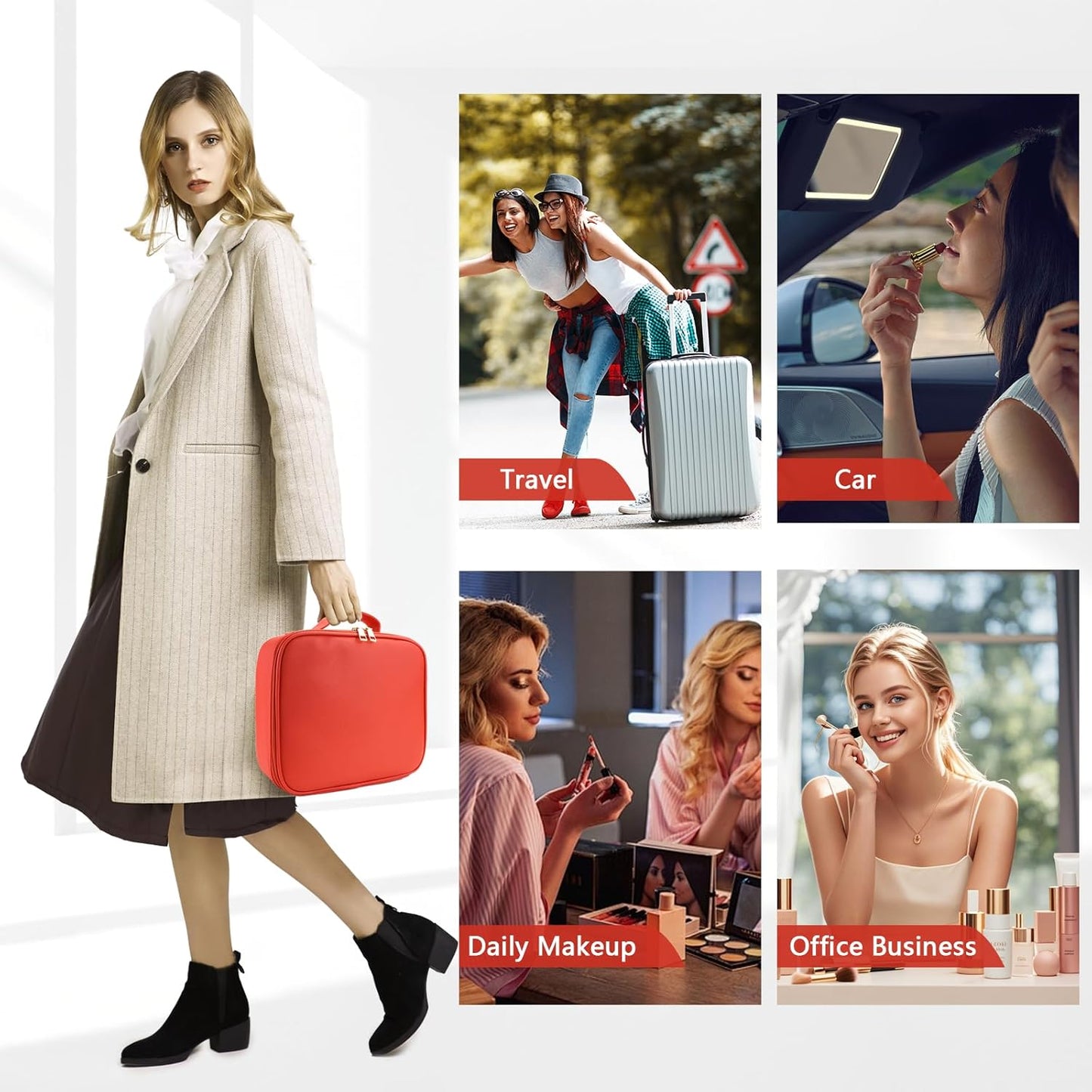 Travel Makeup Bag for Makeup Artists Large Makeup Case,with Mirror 3 Color Setting and Detachable 10x Magnifying Mirror Travel Makeup Bag,Portable Storage and Adjustable Dividers（red）