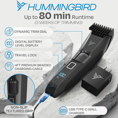 HUMMINGBIRD MK14 BeardMaster – Premium Beard Trimmer for Men, Precision Dial, Adjustable 20 Length Settings, Stainless Steel T-Blade, Cordless USB-C Rechargeable, Waterproof, LED Display, Travel Case