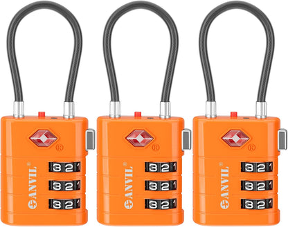 ANVIL TSA Approved Luggage Locks – High Security TSA008 Combination Travel Locks with Inspection Indicator for Suitcases and Backpacks. (3, Orange)