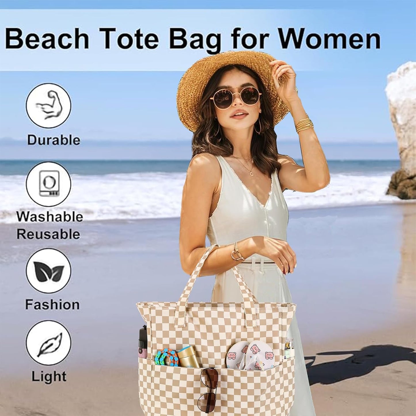 LEDAOU Large Beach Tote Bag Women Waterproof Sandproof Zipper Beach Tote Bag for Pool Gym Grocery Travel with Wet Pocket