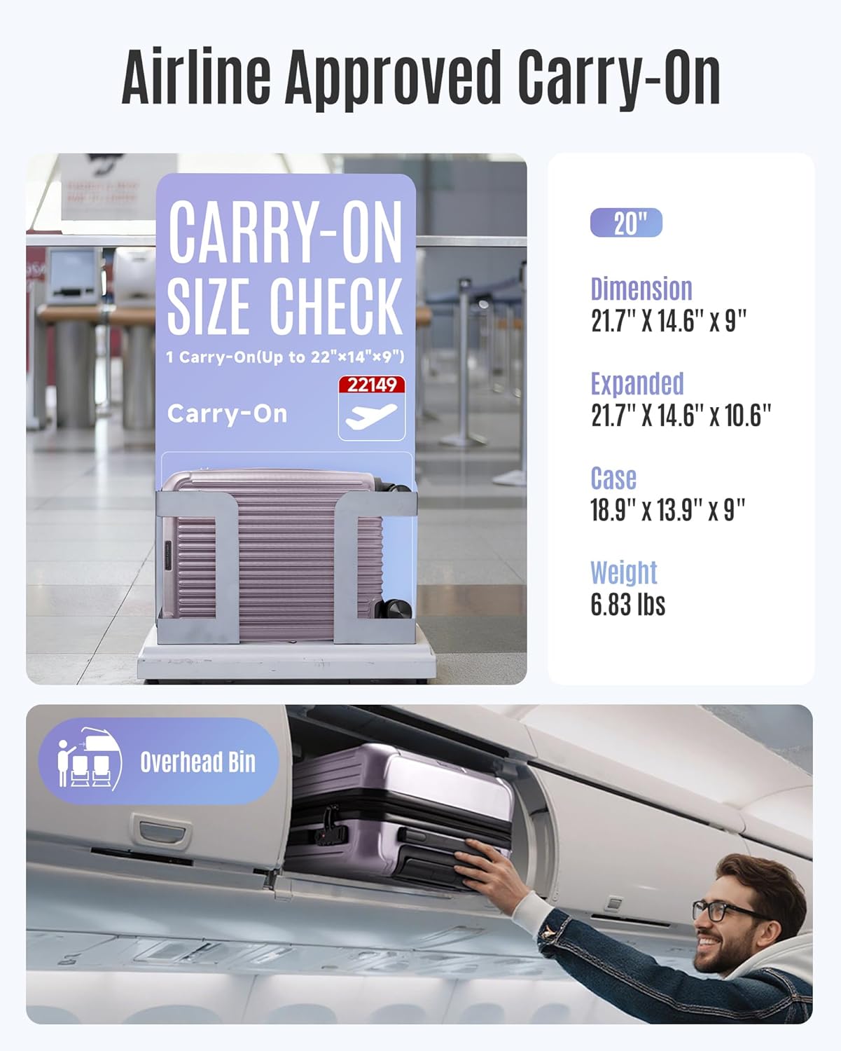 LIGHT FLIGHT Carry On Luggage 22x14x9 Airline Approved, Durable Hard Shell Carry On Suitcases with Wheels, Expandable Hardside Lightweight Travel Luggage with TSA Lock 20 Inch Carry on, Rose Purple