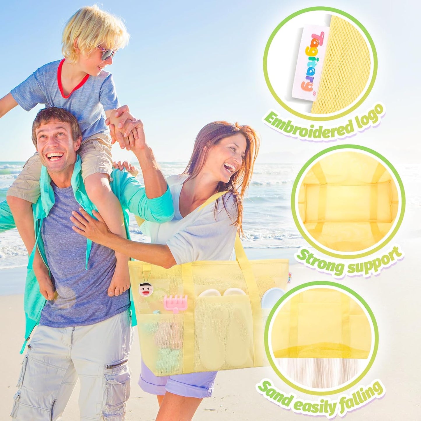 Tagitary Mesh Beach Bag with Zipper Large Beach Tote Waterproof Sandproof with 8 Pockets for Toys Pool Bag Beach Accessories