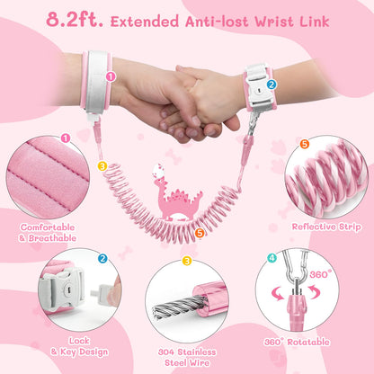 Dr.meter 3 in 1 Toddler Harness Leash + 8.2ft Anti Lost Wrist Link, Cute Dinosaur Kids Anti Lost Leash with Key Lock, Child Walking Harness for Parent Boys Girls Keep Kids Close, Travel Essensials