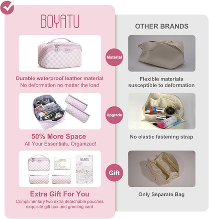 BOYATU Travel Makeup Bag Cosmetic Bags for Women: 3 Pcs Set Portable Make up Bag with Handle - Vegan Leather Toiletry Bags with Compartments - Makeup Organizer for Travel Essentials(02-Purple)