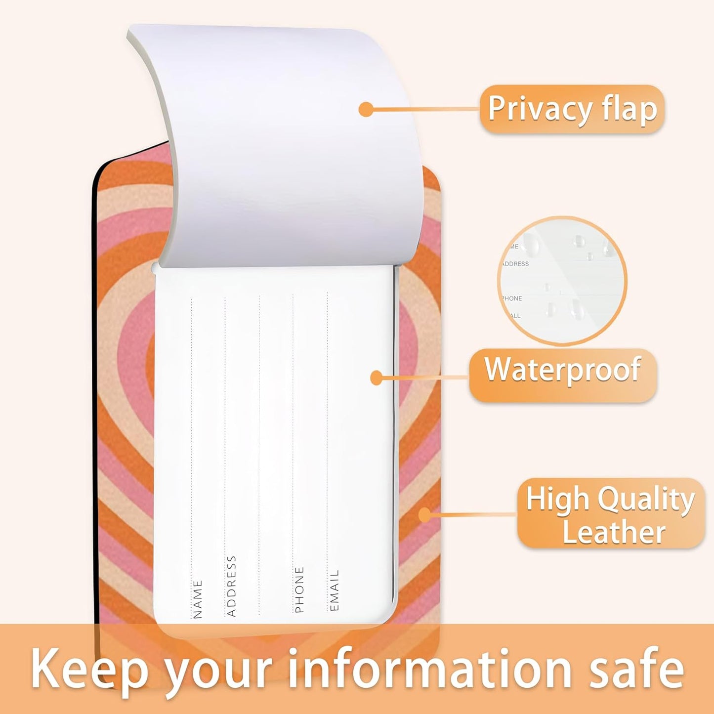 Retro Heart 70s 80s Luggage Tags Bag Tag with Privacy Cover Name Id Card Stainless Steel Loop Suitcase Labels Pu Leather Baggage Tags for Travel,2 Pcs