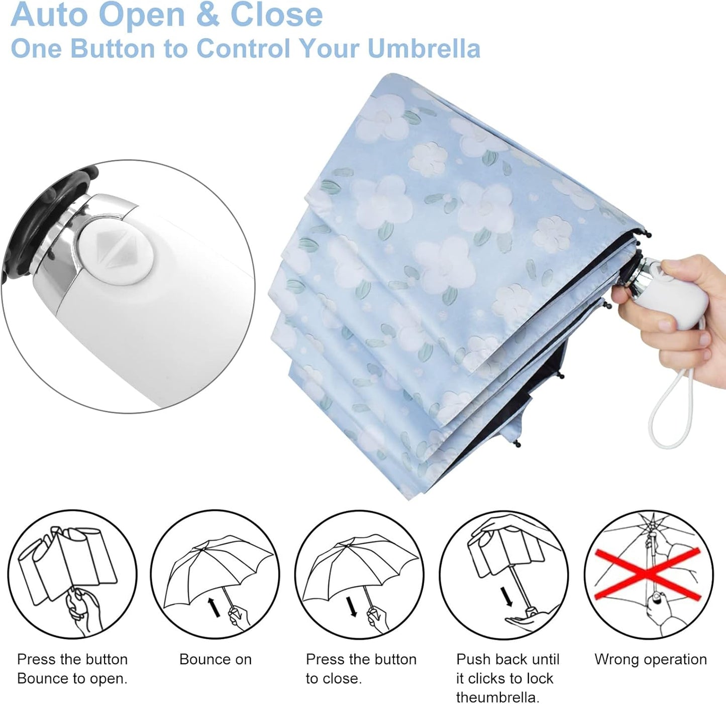 Cuby UV Sun Umbrella Compact Folding Travel Umbrella Auto Open and Close for Windproof, Rainproof & 99.9% UV Protection Parasol with Black Anti-UV Coating (Blue Jasmine)