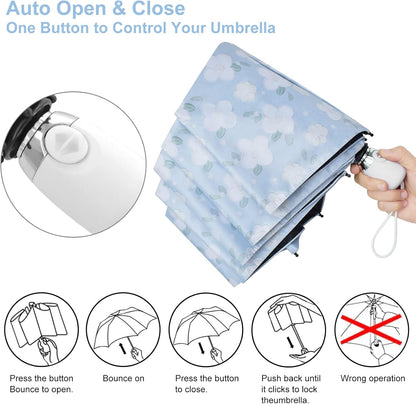Cuby UV Sun Umbrella Compact Folding Travel Umbrella Auto Open and Close for Windproof, Rainproof & 99.9% UV Protection Parasol with Black Anti-UV Coating (Blue Jasmine)