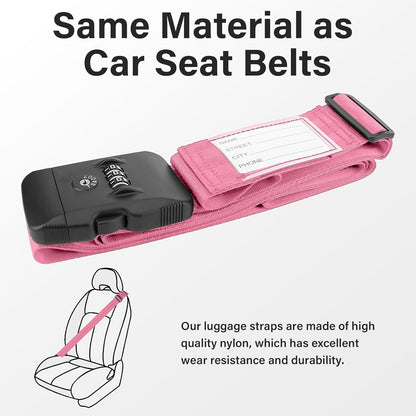 Luggage Straps, Pink TSA Approved Luggage Strap Belt with Combination Lock for Suitcases, 2 Pack Adjustable Heavy Duty Cross Suitcase Straps with Name Tags for Travel, Carry On Bags, Protect Luggage
