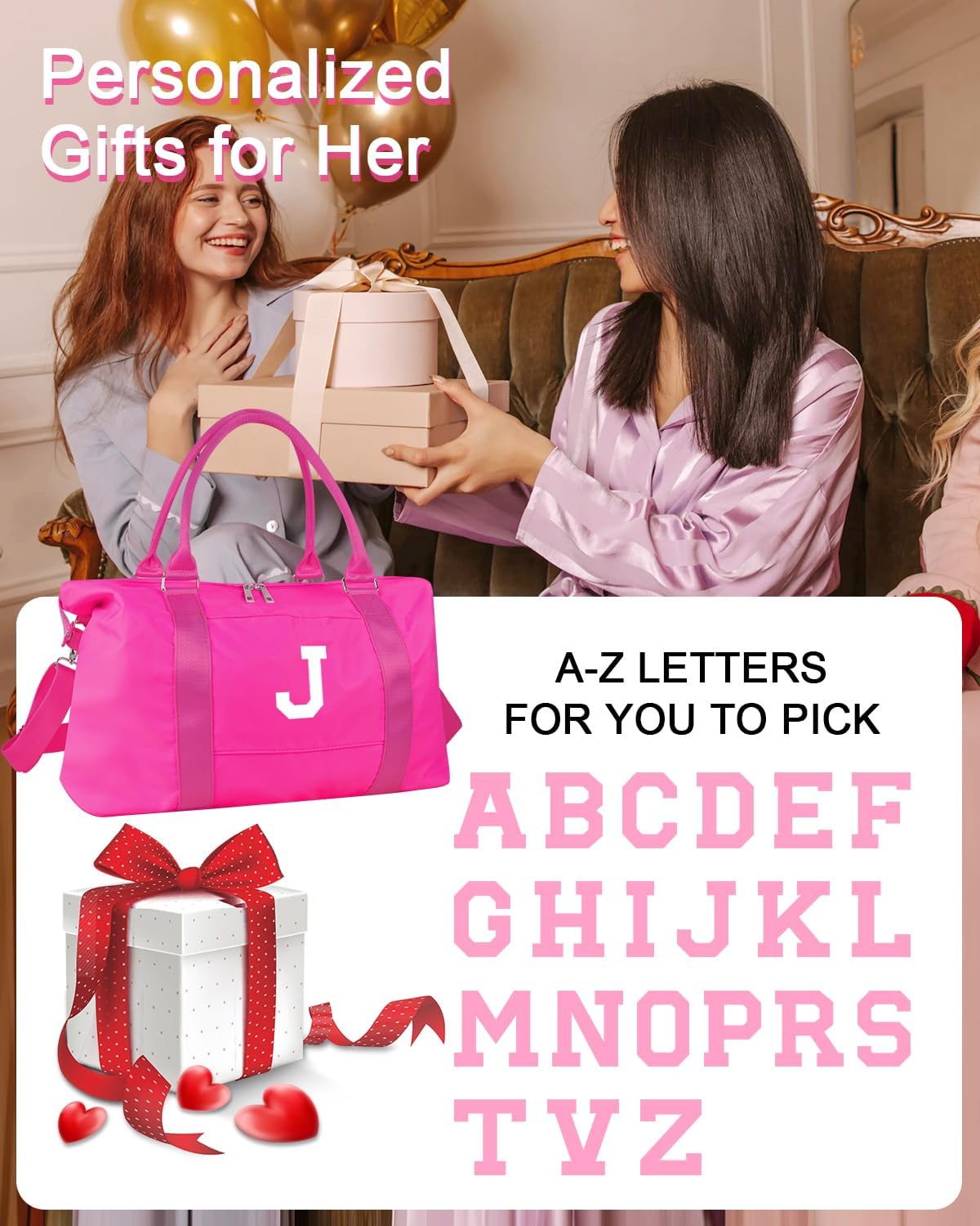 Overnight Bag for Kids Teen Girls Weekender Dance Bag Birthday Graduation Gifts,Initial Travel Duffel Bag Sports Gym Bag Personalized Weekender Bag Carry On Bags Preppy Gifts for Women(Hot Pink, J)