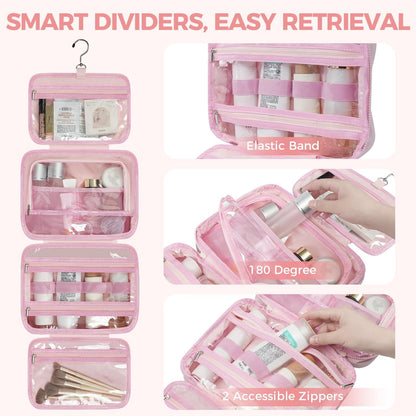 Toiletry Bag For women,Portable Hanging Organizer,4 Leakproof Compartment for full-sized Conditioner, Brushes Set, Makeup Accessories,Visible and easy to access.M-light pink
