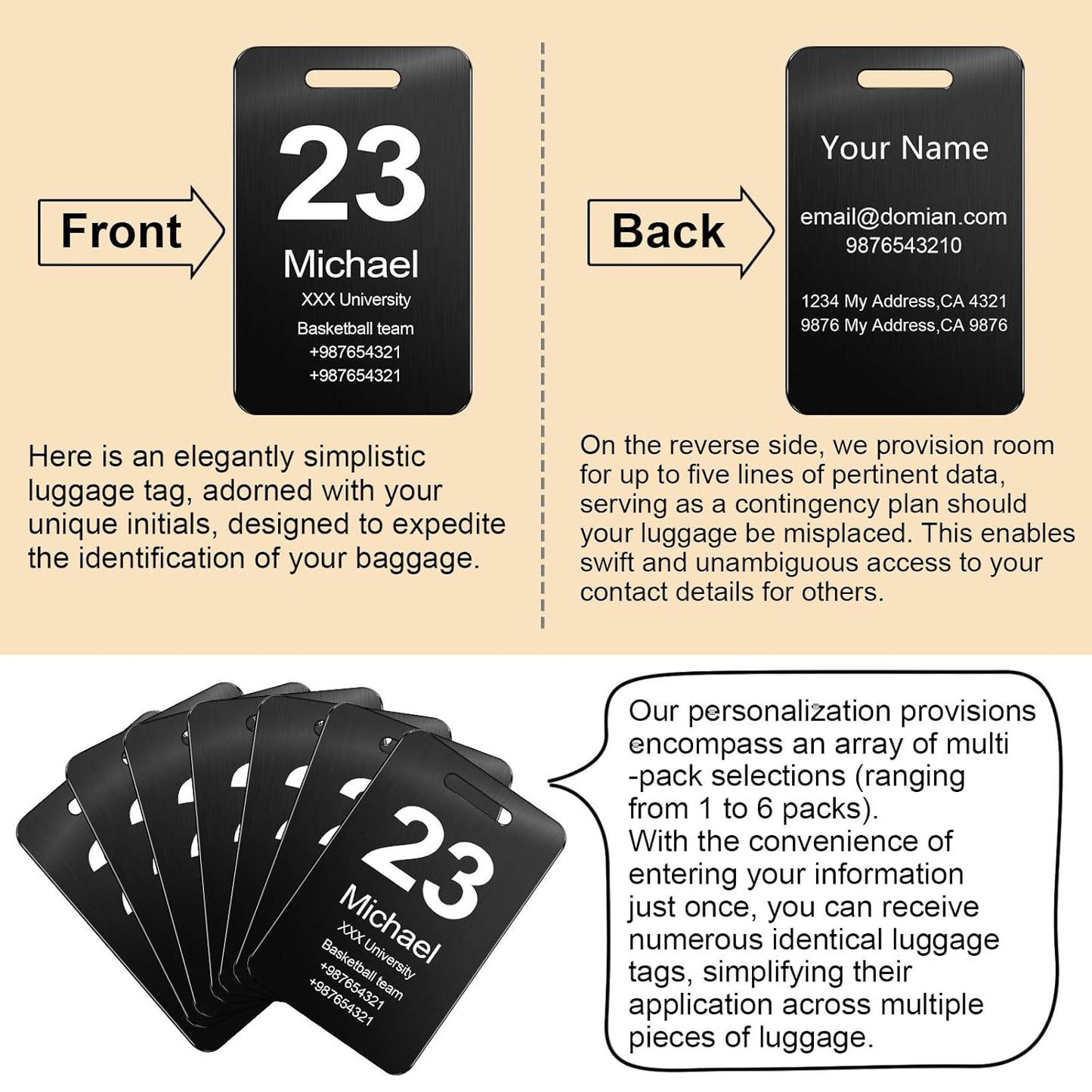 Customized Stainless Steel Luggage Tags: Personalize Your Suitcases, Backpacks, and Bags with Your Text - Custom Initial Text Name ID,Number 2"x3.3"(3 Pack)
