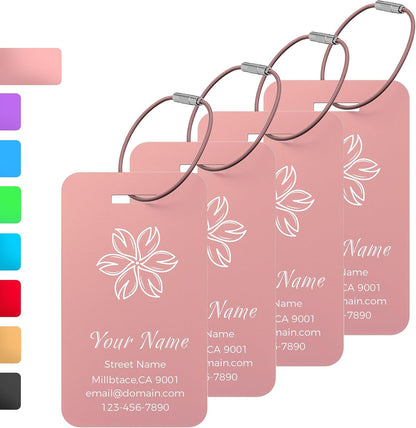 Personalized Luggage Tags, Custom Luggage Tags 4 Pack TSA Approved Double Sided Laser Engraving, Metal Luggage Tag for Suitcases with Stainless Loops, Name Tag for Bags, Backpacks (Pink)