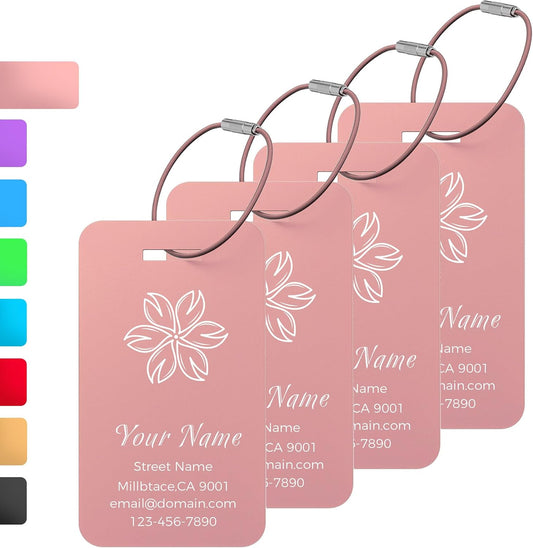 Personalized Luggage Tags, Custom Luggage Tags 4 Pack TSA Approved Double Sided Laser Engraving, Metal Luggage Tag for Suitcases with Stainless Loops, Name Tag for Bags, Backpacks (Pink)
