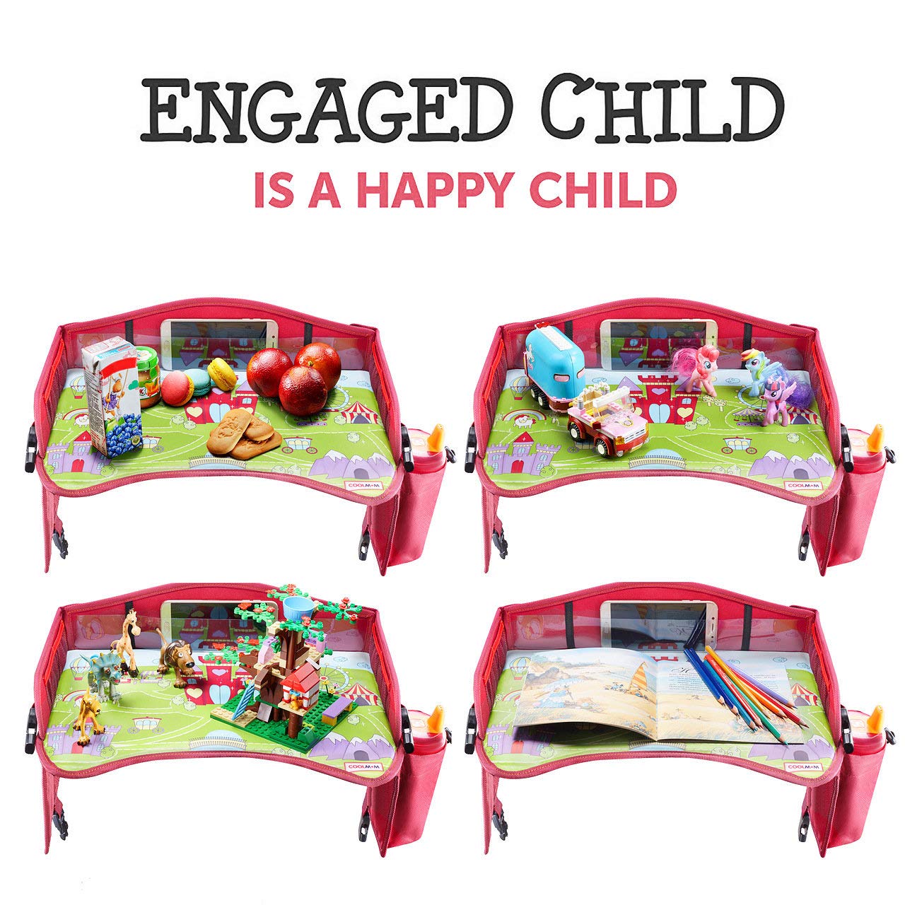 Coolmum Kids Travel Tray, Toddler Car Seat Tray, Double Sided Activity Organizer, Snack Lap Tray, Baby Stroller Table, Airplane Play Table, Waterproof and Foldable (Premium Red)