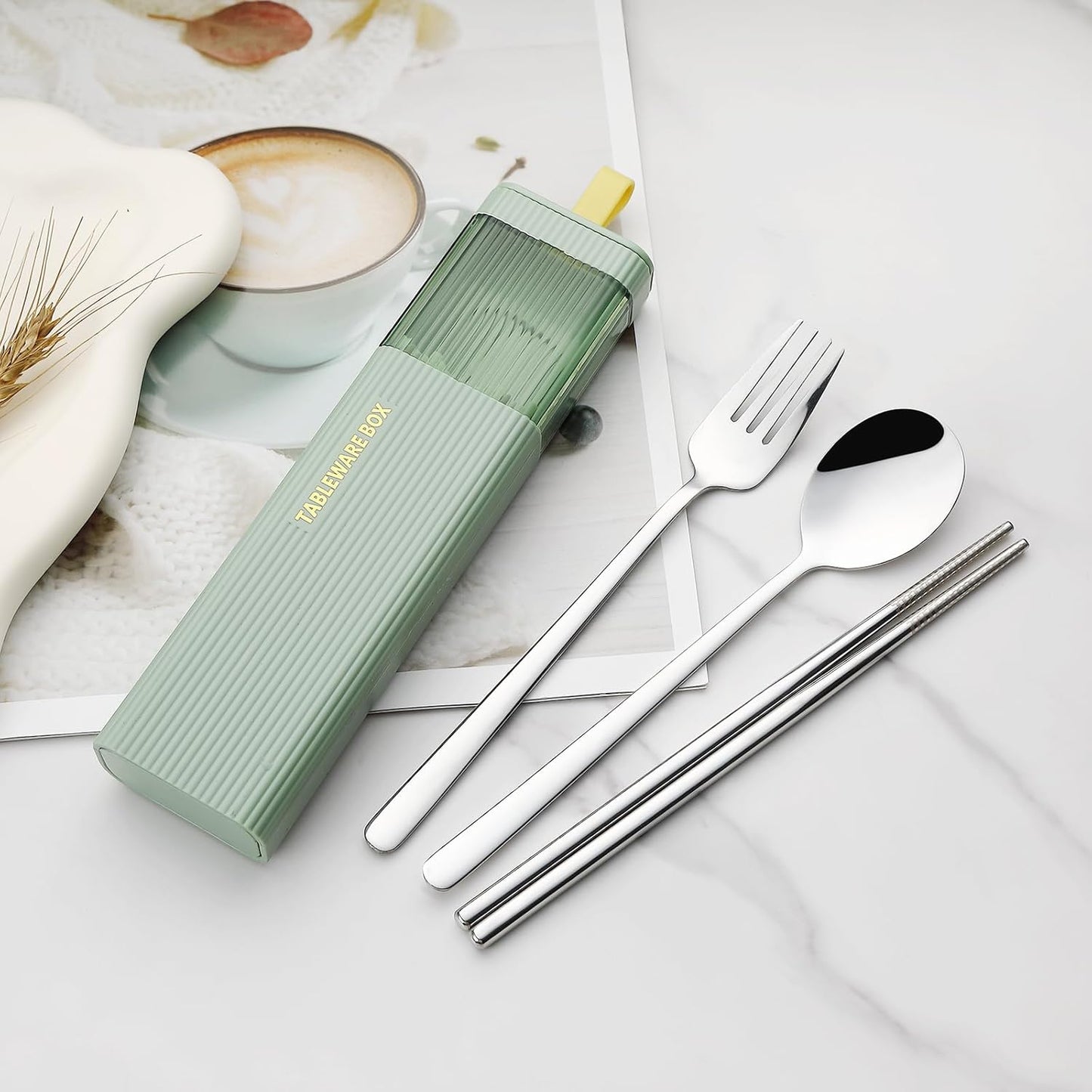 DEVICO Travel Utensils with Case, 18/8 Stainless Steel Reusable Silverware Set for Lunch Box, Portable Cutlery Set, Fork and Spoon Set for Camping, Lunch, Picnic, Workplace, School (Green)