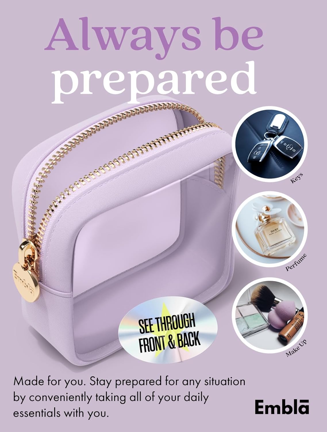 Clear Makeup Bag Zipper Pouch, Transparent Cosmetic Case Organizer, TSA Approved Travel Toiletry Case, Travel Accessories Essentials Makeup Tote for Women, Mini Cute Make up Bag for Purse - Lilac