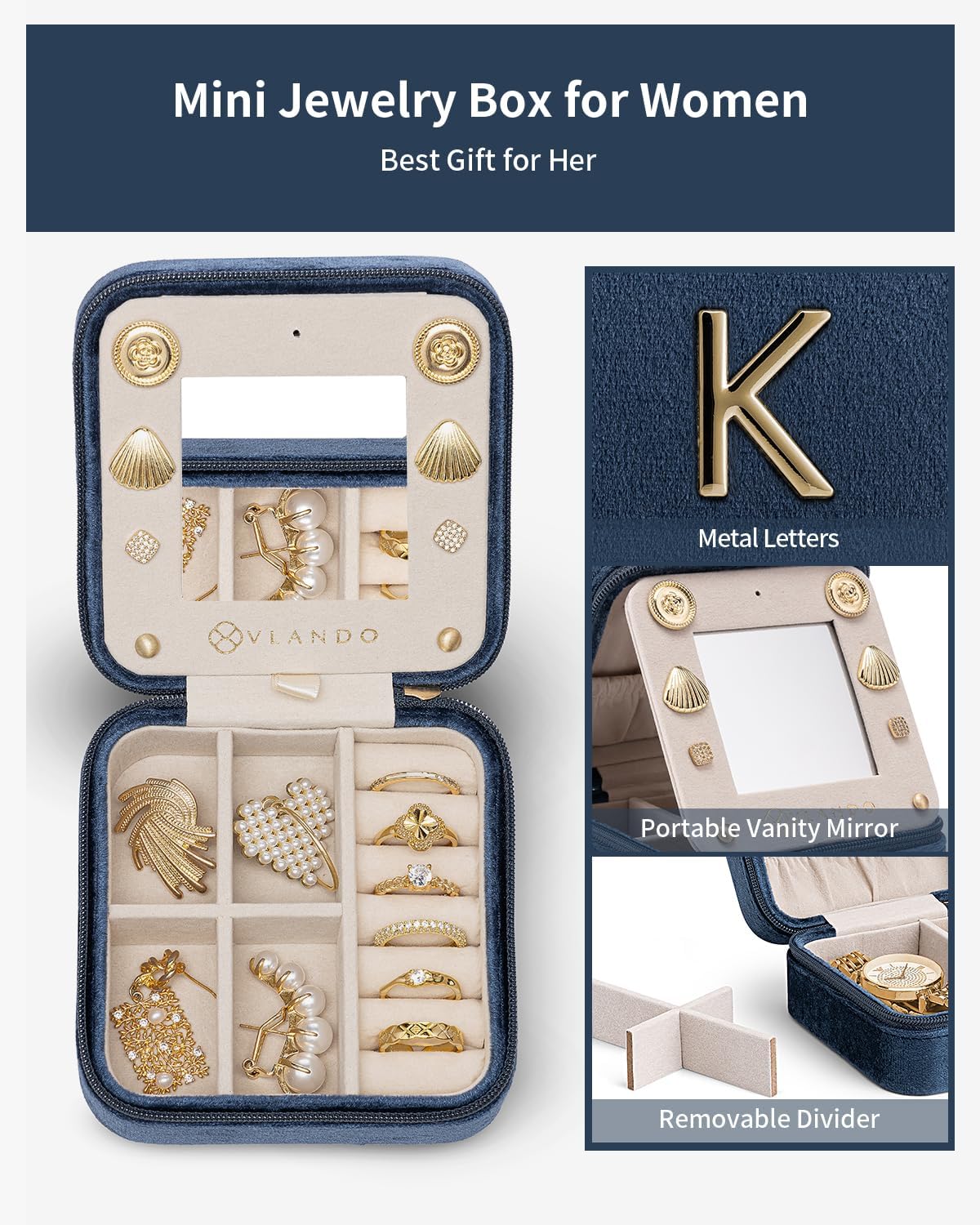 Vlando Preppy Stuff Jewelry Holder Organizer, Preppy School Supplies for Teens Girl Gifts Trendy Stuff, Preppy Jewelry Travle Case, Birthday Gifts for Daughers - Letter K, Dark Blue
