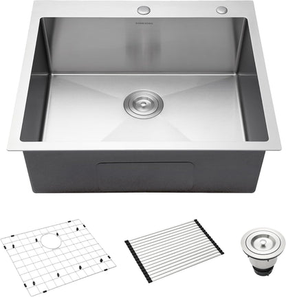 25-Inch Drop-In Kitchen Sink, SINKVINE 25" x 22" Stainless Steel Indoor and Outdoor Sink, Top Mount Large Deep Single Bowl Sink for Laundry Room, with Drain Strainer, Bottom Grid, Roll-up Drying Unit