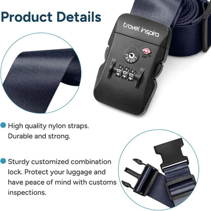 Travel Inspira Luggage Straps - TSA Approved Travel Luggage for Suitcases, Adjustable Suitcase Belt Spot Luggage, Personalized Tags Name ID Card (Navy Blue)