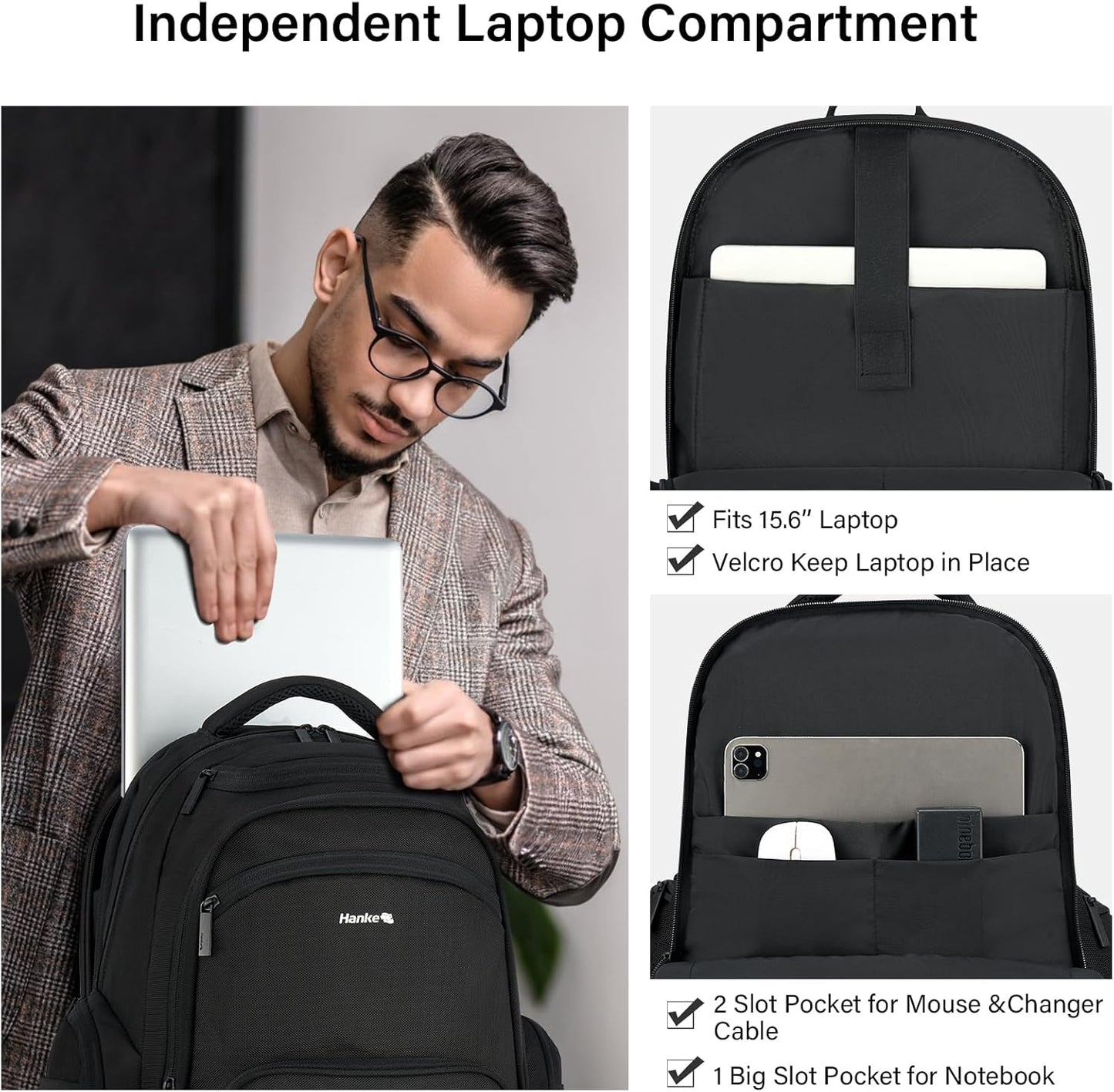 Hanke College Laptop Backpack Multi-Pocket, 18-Inch Large Travel Backpack for Men Women, Water Resistant College Bookbag for 15.6 Inch Laptop, Casual Daily Personal Item Size Airline Approved,Black