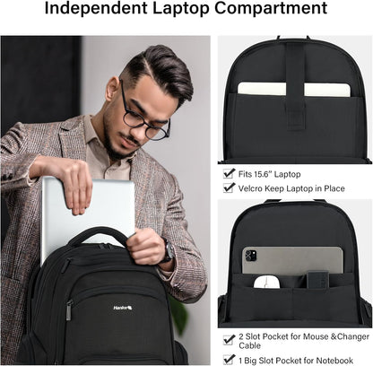 Hanke College Laptop Backpack Multi-Pocket, 18-Inch Large Travel Backpack for Men Women, Water Resistant College Bookbag for 15.6 Inch Laptop, Casual Daily Personal Item Size Airline Approved,Black