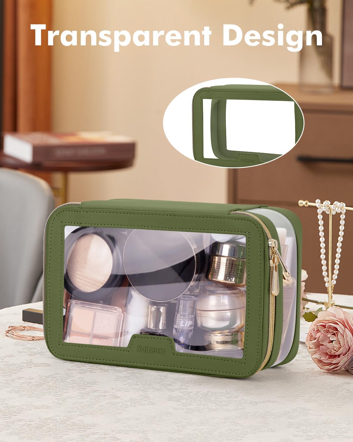 Travel Clear Makeup Bag with Makeup Brush Bag, Leather Makeup Case Toiletry Bag, Portable Cosmetic Bag Case, Transparent Waterproof Cosmetic Organizer Storage Bag for Women, Green
