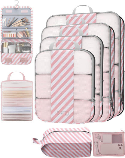 8 Set Compression Packing Cubes for Travel Essentials,Compressible Expandable Packing Cubes for Suitcase,OlarHike Luggage Organizer Bags for Travel,Handy Helper for Organizing Clothes(Pink Stripped)