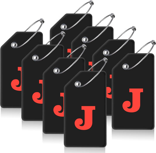 8 Pcs Luggage Tags for Suitcases, 26 Initial Letter Travel Luggage Baggage Identification Labels ID Tags Fully Bendable Tags with Stainless Steel Loop (Letter J, Black)