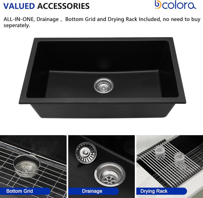 Dcolora 33 Inch Granite Composite Kitchen Sink, Black Undermount Kitchen Sinks Deep Single Bowl, 33"x19", Round Corner, DC-GU7749