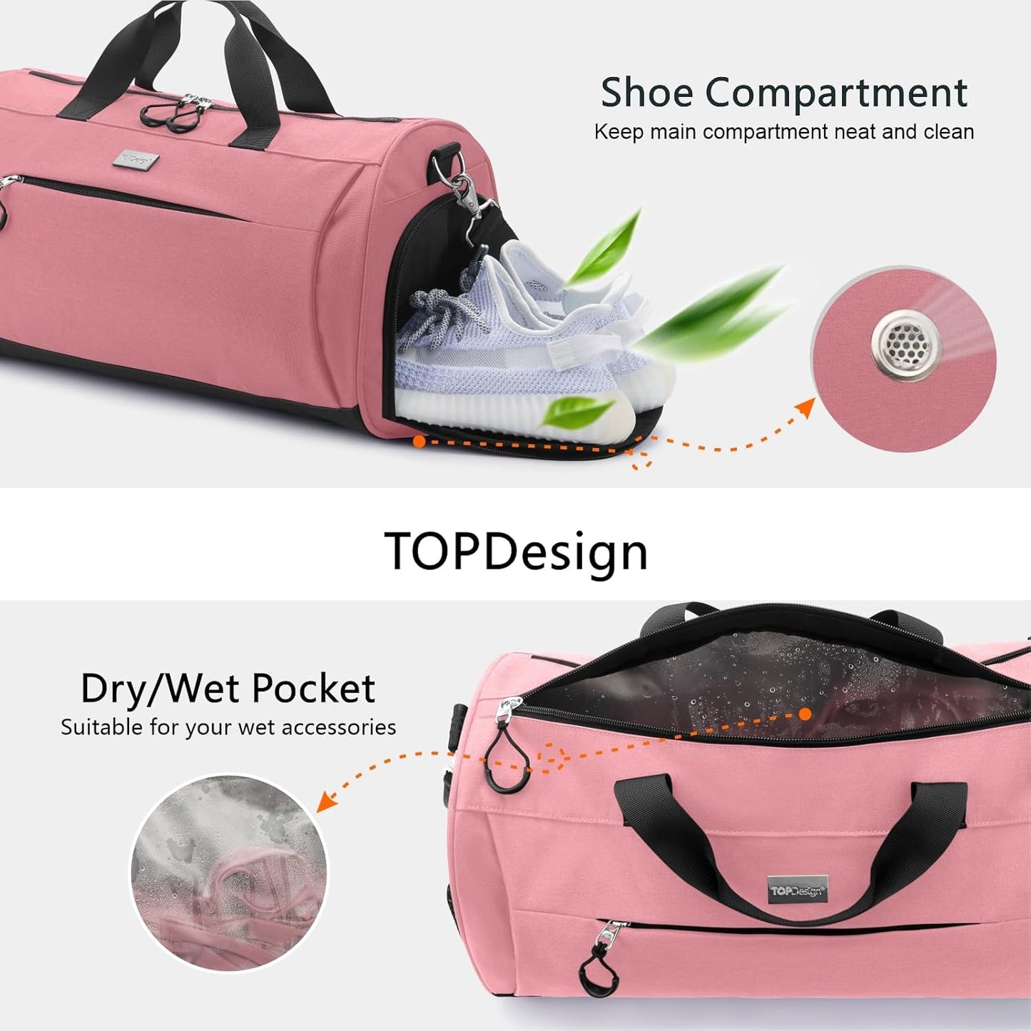TOPDesign Gym Bag for Women & Men, Unisex Duffel Bag with Shoe Compartment & Wet Pocket for Travel Sports Gym (M Pink)