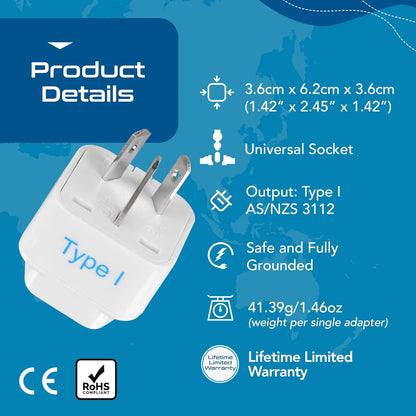 Ceptics Australia, China, New Zealand Travel Plug Adapter (Type I) - 3 Pack [Grounded & Universal] (GP-16-3PK)