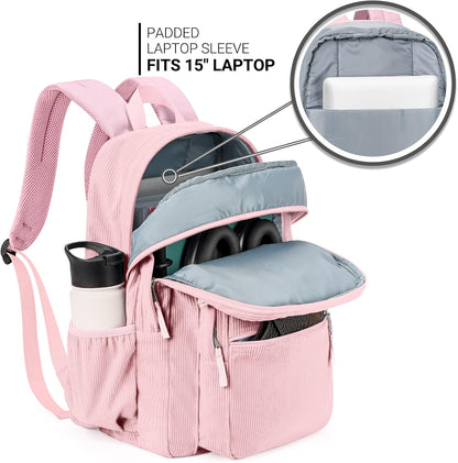 ZORFIN 26L Backpack for College, and Travel: Corduroy Bookbag - Light Pink