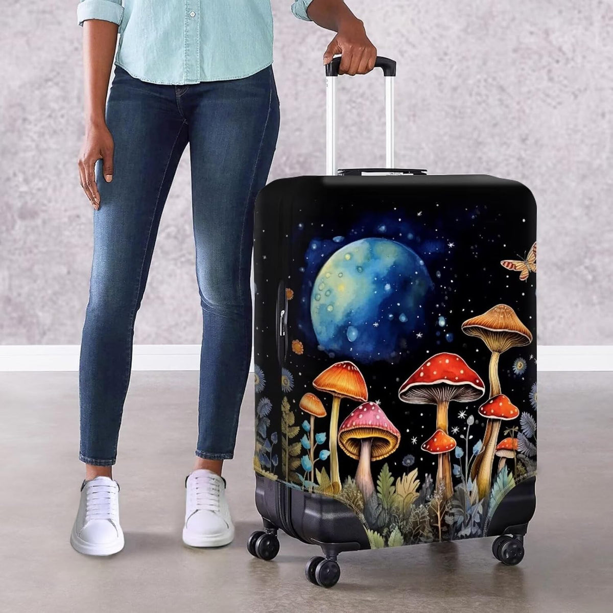Butterfly Mushroom Print Travel Suitcase Cover Protector Elastic Zipper Closure Fit 26-29 Inch Luggage