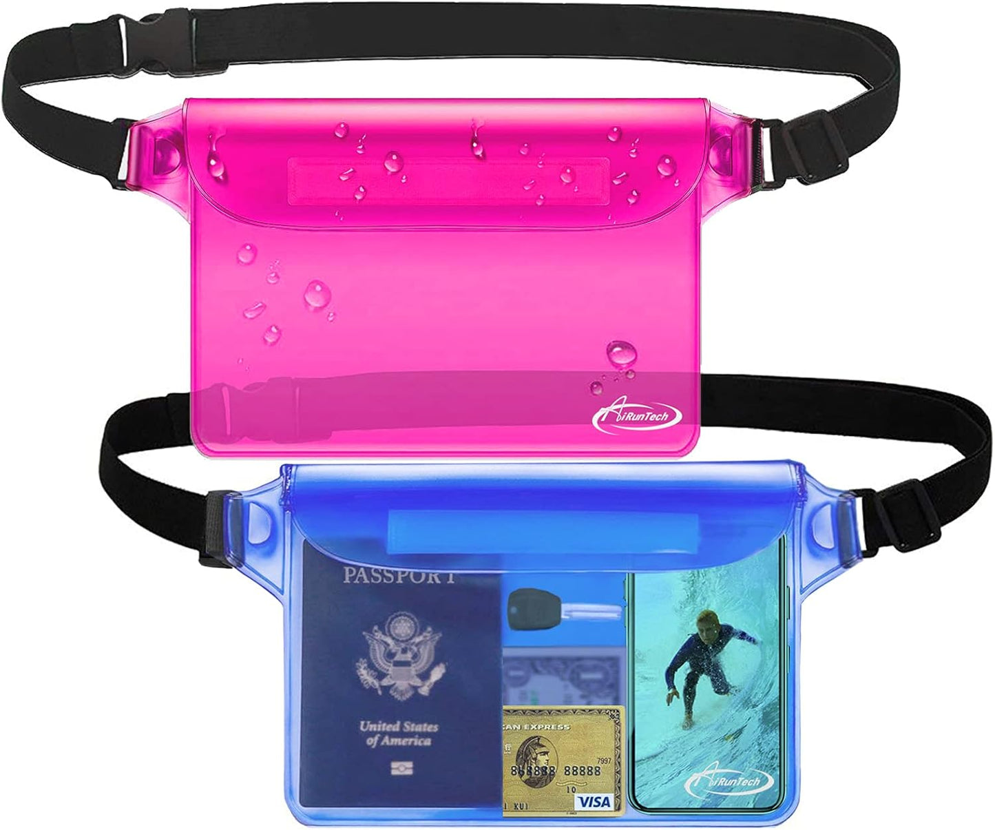 AiRunTech Waterproof Pouch with Waist Strap (2 Pack) | Beach Accessories Best Way to Keep Your Phone and Valuables Safe and Dry | Perfect for Boating Swimming Snorkeling Kayaking Beach Pool Water Park