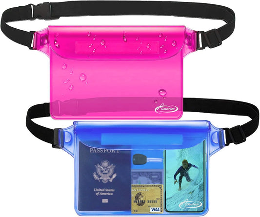AiRunTech Waterproof Pouch with Waist Strap (2 Pack) | Beach Accessories Best Way to Keep Your Phone and Valuables Safe and Dry | Perfect for Boating Swimming Snorkeling Kayaking Beach Pool Water Park