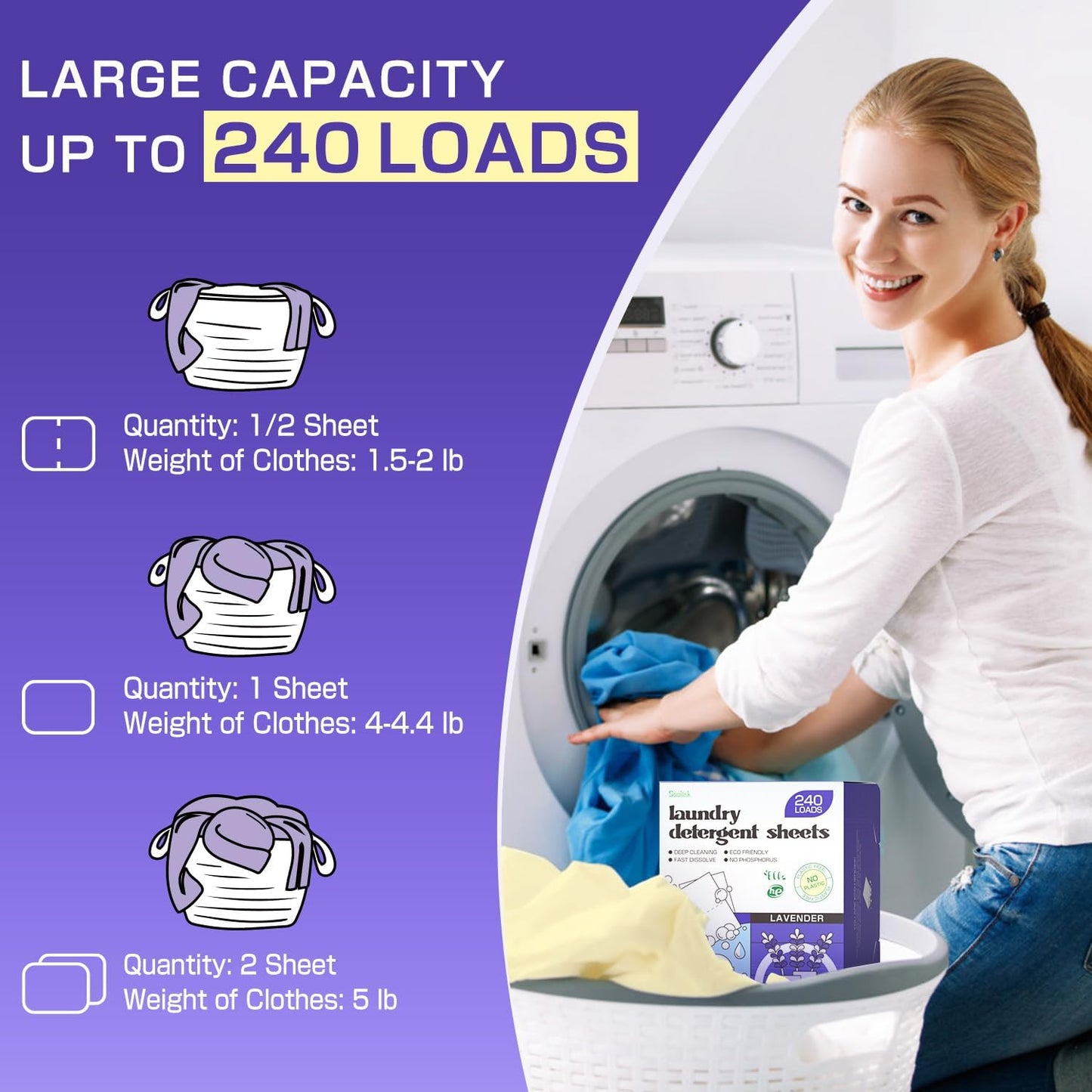 Soulink Lavender Laundry Detergent Sheets, 240 Loads - Eco-Friendly, Plant-Based, Hypoallergenic, No Plastic Jug